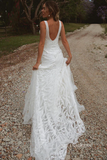 A-line Deep V neck Lace White Wedding Dress Rustic Wedding Gown KTC020|Selinadress