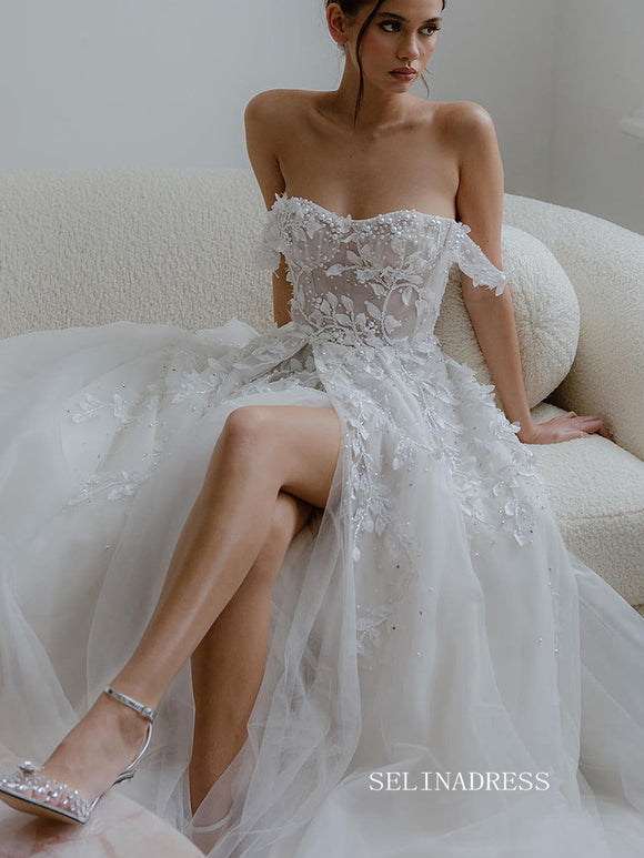 A-line Off-the-shoulder Applique Beaded Wedding Dress Rustic Wedding Gown KTC027|Selinadress