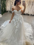 A-line Off-the-shoulder Applique Beaded Wedding Dress Rustic Wedding Gown KTC029|Selinadress