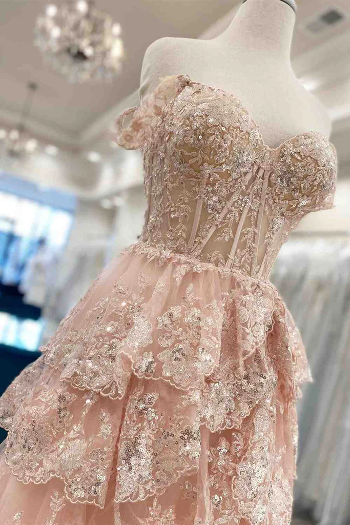 A-line Off the Sholder Glitter Tulle Ball Gowns Lace Long Prom Dresses SELINADRESS A-line Off the Sholder Glitter Tulle Ball Gowns Lace Long Prom Dresses SELINADRESS