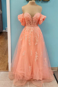 A-line Peach Puff Sleeve Strapless Floral Lace Prom Dress With Puff Sleeves #QWE006|Selinadress