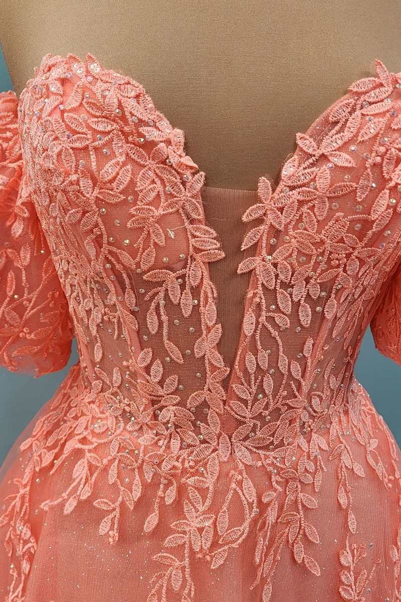 A-line Peach Puff Sleeve Strapless Floral Lace Prom Dress With Puff Sleeves #QWE006 A-line Peach Puff Sleeve Strapless Floral Lace Prom Dress With Puff Sleeves #QWE006