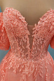 A-line Peach Puff Sleeve Strapless Floral Lace Prom Dress With Puff Sleeves #QWE006|Selinadress