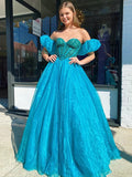 A-line Royal Blue Prom Dress With Puff Sleeve Elegant Beaded Evening Dress Formal Dress #JKP017