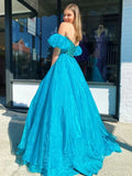 A-line Royal Blue Prom Dress With Puff Sleeve Elegant Beaded Evening Dress Formal Dress #JKP017