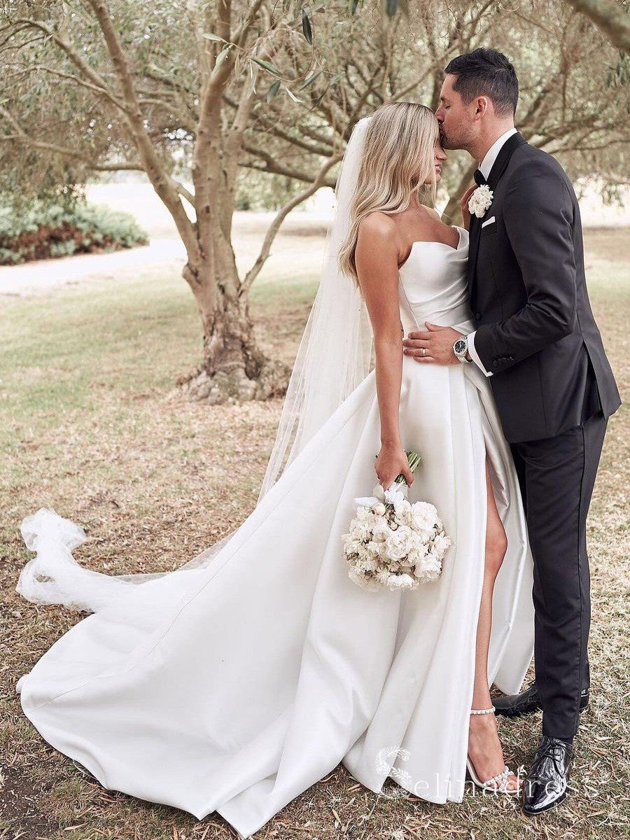 a line strapless satin wedding dress Stacees Bridal Wedding Dress Delicate A-Line Strapless Pleated Satin Sweep Train Slit