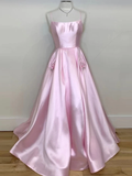 A-line Spaghetti Straps Pink Long Prom Dresses Satin Evening Dress SED540|Selinadress