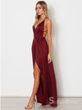 A-line Spaghetti Straps Simple Cheap Long Prom Dresses Burgundy Formal Gowns SE008