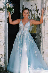 A-line V neck Lace Long Prom Dresses Blue Evening Dress SED516