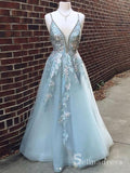 A-line V neck Lace Long Prom Dresses Blue Evening Dress SED516