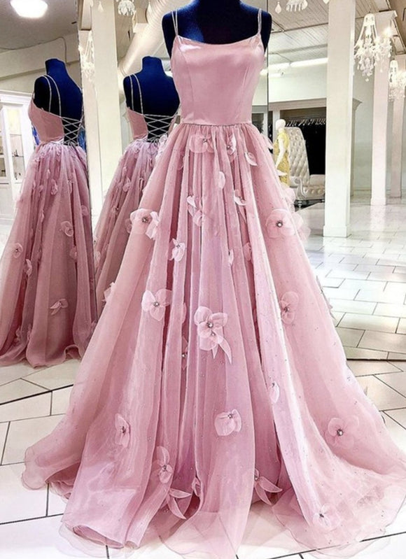 A Line Backless Pink Floral Long Prom Dresses,Formal Graduation Evening Dress Gala Dresses SA026