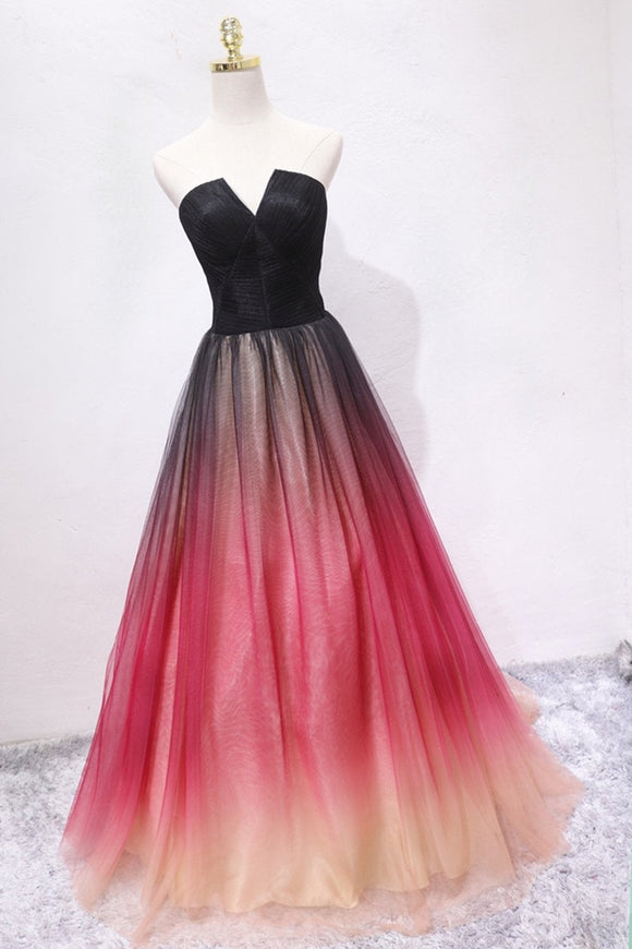 A Line V Neck Ombre Long Prom Dress, Strapless Formal Evening Dress,Maxi Dresses MLSD015
