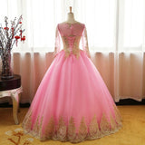 Chic Ball Gowns Scoop Pink Tulle Applique Modest Long Prom Dress Evening Dress SED409
