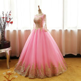 Chic Ball Gowns Scoop Pink Tulle Applique Modest Long Prom Dress Evening Dress SED409
