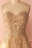 Sparkly Sweetheart Neck Gold Prom Dress A-line Rhinestone Prom Dresses Long Evening Dress SED403