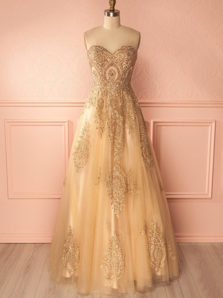 sweetheart neckline gold prom dress A-Line Sweetheart Neck Satin Yellow Long Prom Dress, Yellow Long Formal Dress US 12 / Custom Color main image 1