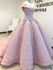 Chic Ball Gowns Off-the-Shoulder Prom Dresses Pink Lace Prom Dress Evening Dresses ASSD027