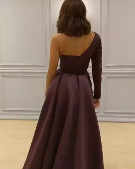 Chic One Shoulder Prom Dresses Long Sleeve Burgundy Long Prom Dress Ev SELINADRESS Chic One Shoulder Prom Dresses Long Sleeve Burgundy Long Prom Dress Ev SELINADRESS