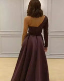 Chic One Shoulder Prom Dresses Long Sleeve Burgundy Long Prom Dress Evening Dresses ASSD026|Selinadress