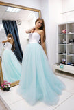A-line Strapless Light Blue Cheap Prom Dresses Lace Long Prom Dress Evening Dress SED318