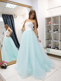 A-line Strapless Light Blue Cheap Prom Dresses Lace Long Prom Dress Evening Dress SED318