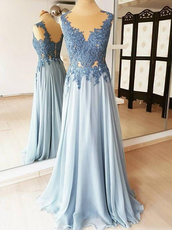 A-line Vintage Prom Dresses Blue Lace Long Elegant Evening Dress SED326