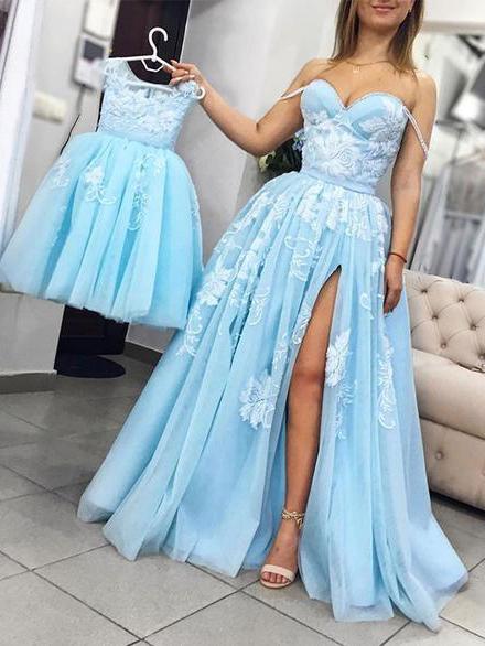 A-line Sweetheart Light Blue Prom Dresses With Lace Vintage Evening Dress SED330
