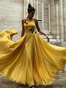 A-line Halter Yellow Prom Dresses With Butterfly Chiffon Vintage Evening Dress SED331