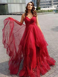 A-line Spaghetti Straps Cheap Red Prom Dresses Tulle Long Prom Dress Evening Dress SED319