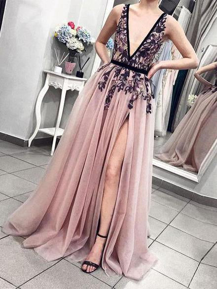A-line Deep V Neck Prom Dresses With Applique Modest Evening Dress SED332