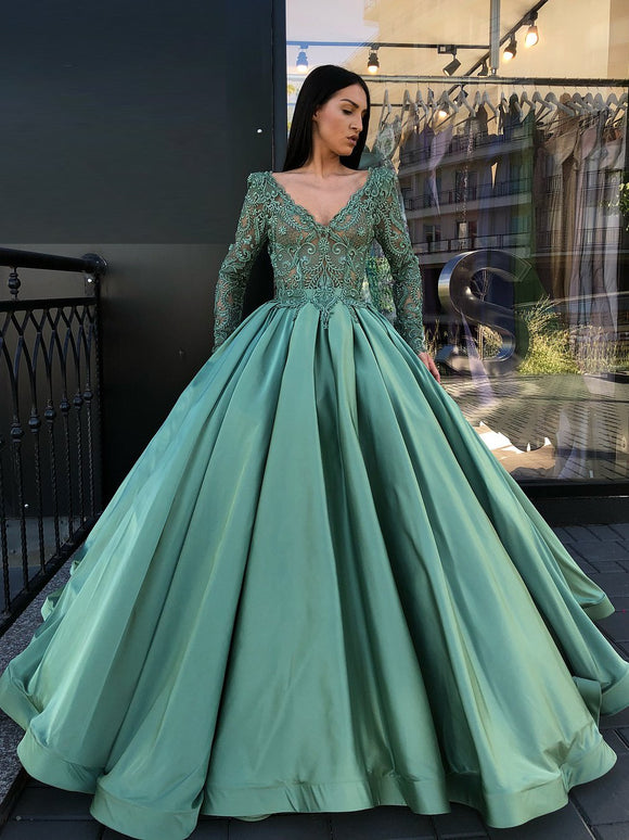 A-line V neck Green Prom Dresses Long Sleeve Lace Prom Dress Evening Dress SED308
