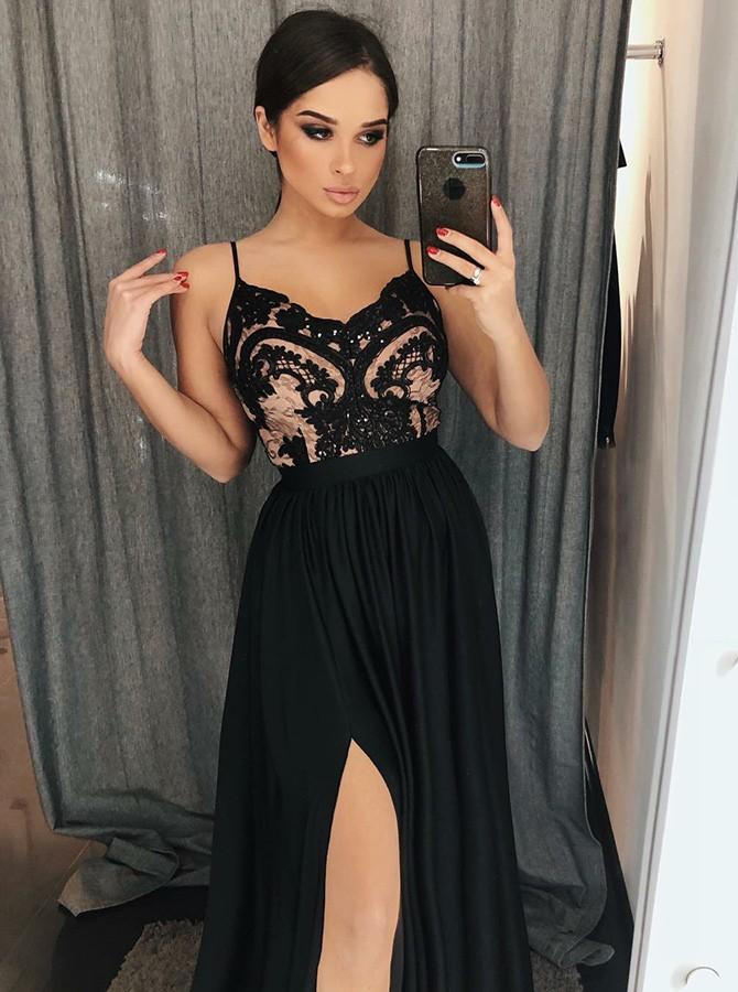 A-line Spaghetti Straps Black Prom Dresses With Lace Modest Evening Go SELINADRESS A-line Spaghetti Straps Black Prom Dresses With Lace Modest Evening Go SELINADRESS