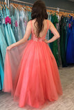 A-line V neck Watermelon Rustic Prom Dresses With Lace Prom Gowns SED336