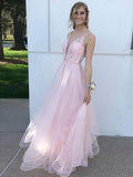 A-line Spaghetti Straps Blush Pink Prom Dresses Lace Tulle Evening Gowns AMY2475