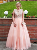 A-line V neck Blush Pink Lace Prom Dresses Beading Tulle Evening Gowns AMY2476