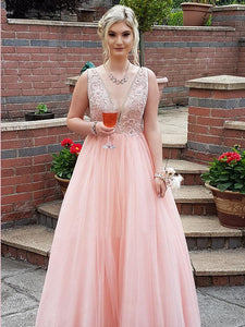 A-line V neck Blush Pink Lace Prom Dresses Beading Tulle Evening Gowns AMY2476