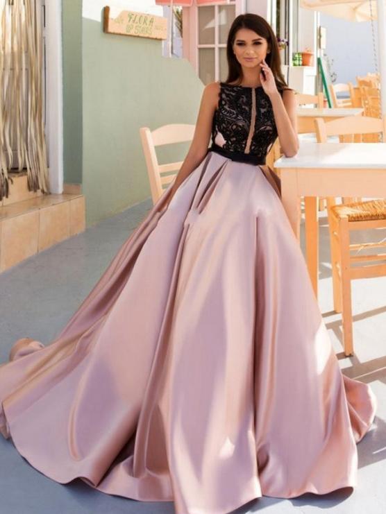 A-line Bateau Pink Beading Prom Dresses Satin Long Prom Dress Evening Dress SED310
