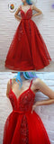 A-line Spaghetti Straps Red Prom Dresses Tulle Beading Long Prom Dress Evening Dress SED311
