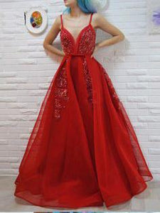 A-line Spaghetti Straps Red Prom Dresses Tulle Beading Long Prom Dress Evening Dress SED311