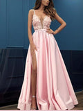 A-line Spaghetti Straps Pink Prom Dresses Lace Blush Long Evening Dress Prom Dress SED315