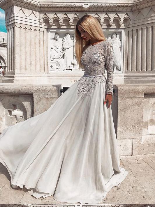 A-line Scoop Beading Prom Dresses Long Sleeve Gorgeous Long Evening Dress Prom Dress SED316