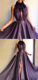 A-line High Neck Grape Prom Dresses Tulle Long Prom Dress Evening Dress SED320