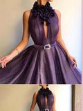A-line High Neck Grape Prom Dresses Tulle Long Prom Dress Evening Dress SED320