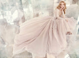 A-line Scoop Lace Prom Dresses Tulle Long Sleeve Long Prom Dress Evening Dress SED322