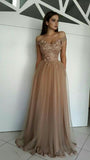 A-line Off-the-shoulder Brown Prom Dresses Tulle Lace Evening Gowns AMY2563