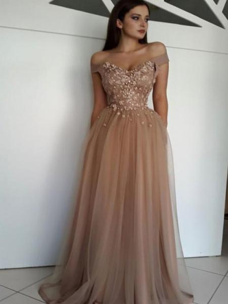 A-line Off-the-shoulder Brown Prom Dresses Tulle Lace Evening Gowns AMY2563