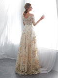 A-line Bateau 3/4 Sleeve Prom Dress Lace Boho Evening Dress AMY2593