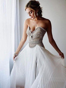 A-line Sweetheart Beading Prom Dress Ivory Chiffon Evening Dress AMY2638