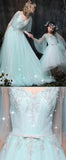 A-line V neck Mint Green Prom Dress Half Sleeve Lace Tulle Evening Dress AMY2640