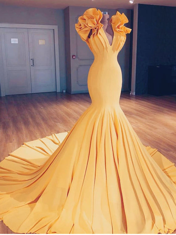 Marigold Mermaid Prom Dresses Flouncing V neck Long Evening Gowns ASSD026|Selinadress